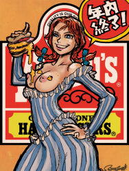Rule 34 | 1girl, bare shoulders, blue eyes, body freckles, breasts, breasts out, burger, food, freckles, grin, medium breasts, nipples, product girl, smile, solo, twintails, wendy&#039;s, wendy (wendy&#039;s)