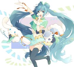 Rule 34 | 1girl, :3, alolan form, alolan vulpix, aqua hair, black thighhighs, blue eyes, blue hair, bow-shaped hair, cinnamoroll, clothed pokemon, creatures (company), crossover, dress, frills, game freak, gen 7 pokemon, gloves, hatsune miku, highres, holding, holding microphone, long hair, microphone, multicolored hair, multiple crossover, musical note, nintendo, open mouth, pokemon, pokemon (creature), sanrio, shakemi (sake mgmgmg), short sleeves, simple background, thighhighs, twintails, very long hair, vocaloid, white gloves