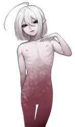 Rule 34 | 1boy, ahoge, androgynous, arm behind back, eyeshadow, hair between eyes, highres, lipstick, looking at viewer, makeup, male focus, nipples, nude, ohayousan 084, original, pale skin, pointy ears, ribs, silhouette, simple background, solo, thigh gap, trap, tsurime, white background, white hair
