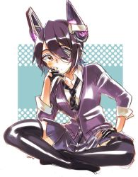 Rule 34 | 1girl, black gloves, black necktie, black thighhighs, blush, breasts, buttons, collarbone, collared shirt, commentary, eyepatch, fingerless gloves, fingernails, full body, gloves, hand on own thigh, head rest, headgear, indian style, jacket, kantai collection, looking at viewer, necktie, no shoes, parted lips, pleated skirt, purple jacket, purple skirt, sagamiso, shirt, signature, sitting, skirt, sleeves rolled up, solo, tenryuu (kancolle), thighhighs, white shirt, yellow eyes