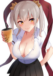 Rule 34 | 1girl, akagi kurage, breasts, bubble tea, cleavage, contemporary, cup, disposable cup, drinking straw, hair ornament, highres, holding, holding cup, jin-guang sheng-pu, large breasts, looking at viewer, medium hair, red scarf, scarf, sennen sensou aigis, shirt, short sleeves, sidelocks, silver hair, simple background, skirt, smile, solo, standing, white background, white shirt, yellow eyes