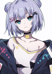 1girl absurdres bad_id bad_pixiv_id bare_shoulders black_bow black_jacket blue_hair blunt_bangs bow choker closed_mouth collarbone double_bun hair_bun hair_ornament hairclip highres jacket looking_at_viewer medium_hair off_shoulder original pension_z purple_eyes shirt shizukou sidelocks solo upper_body virtual_youtuber white_background white_shirt