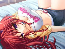Rule 34 | 1girl, asahina rinka, bed, breasts, choker, covered erect nipples, game cg, lying, moero downhill night, moero downhill night (series), navel, panties, purple eyes, red hair, skirt, solo, twintails, underwear, white panties