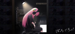 Rule 34 | 1girl, absurdres, akg k-series headphones, barefoot, black pants, black shirt, bocchi the rock!, closed eyes, commentary request, copyright name, crossed legs, cube hair ornament, dark room, eyelashes, from side, full body, gotoh hitori, guitar, hair ornament, head down, headphones, highres, holding, holding instrument, indoors, instrument, jianshu, lamp, long hair, monitor, one side up, pants, photo (object), pink hair, screen light, shirt, sidelocks, solo, straight hair