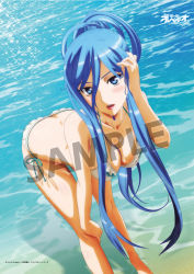 Rule 34 | 10s, 1girl, adjusting hair, aoki hagane no arpeggio, artist request, ass, beach, bent over, bikini, blue eyes, blue hair, blush, breasts, butt crack, choker, cleavage, copyright name, hair rings, hand on own knee, large breasts, leaning forward, long hair, looking at viewer, matching hair/eyes, ocean, official art, open mouth, outdoors, ponytail, sample watermark, side-tie bikini bottom, sidelocks, solo, swimsuit, takao (aoki hagane no arpeggio), very long hair, water, watermark, white bikini
