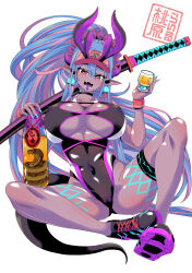 Rule 34 | 1girl, absurdres, adjusting clothes, adjusting swimsuit, alcohol, aqua hair, aqua nails, ass, black one-piece swimsuit, body markings, breast cutout, breasts, cameltoe, cleavage cutout, clothing cutout, colored skin, competition swimsuit, curvy, earrings, fang, fangs, fate/grand order, fate (series), full body, grey skin, hat, highleg, highleg swimsuit, highres, holding, holding sword, holding weapon, horns, huge breasts, ibuki douji (fate), ibuki douji (swimsuit berserker) (fate), jewelry, long hair, looking back, looking down, momohara rile, multicolored hair, nail polish, one-piece swimsuit, oni, oni horns, open mouth, pink hair, pink hat, pink one-piece swimsuit, pointy ears, red eyes, simple background, sitting, smile, solo, swimsuit, sword, tail, two-tone hair, two-tone swimsuit, visor cap, weapon, white background