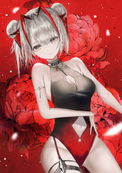 Rule 34 | 1girl, absurdres, alternate costume, alternate hairstyle, arknights, black leotard, breasts, cleavage cutout, clothing cutout, commentary, cowboy shot, demon horns, double bun, flower, hair bun, highres, horns, huge filesize, large breasts, leotard, looking at viewer, navel, navel cutout, obake (amimonoobake), red background, red flower, short hair, solo, thigh strap, w (arknights), yellow eyes
