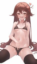 Rule 34 | 1girl, absurdres, bikini, black bikini, black thighhighs, blush, breasts, brown hair, flower, genshin impact, groin, hair flower, hair ornament, half-closed eyes, highres, hu tao (genshin impact), long hair, looking at viewer, loyo, naughty face, navel, open mouth, red eyes, simple background, small breasts, smile, solo, spread legs, swimsuit, thighhighs, twintails, underboob, very long hair, white background