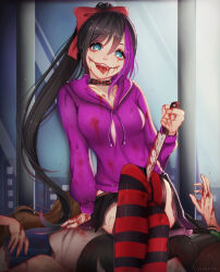 Rule 34 | 1girl, blood, blood on clothes, bloody knife, creepypasta, elpheltel, hair ribbon, holding, holding knife, hood, hoodie, knife, nina the killer, pile of corpses, ponytail, purple hoodie, ribbon, smile, striped clothes, striped thighhighs, thighhighs, tongue, tongue out