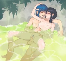 Rule 34 | 1boy, 1girl, affectionate, bathing, batterbee, black hair, blue hair, blush, breasts, closed eyes, commission, commissioner upload, couple, female pubic hair, fire emblem, fire emblem: genealogy of the holy war, french kiss, girl on top, hetero, highres, holding hands, hug, kiss, larcei (fire emblem), medium breasts, mixed-sex bathing, navel, nintendo, nipples, nude, onsen, outdoors, partially submerged, penis, pubic hair, pussy, saliva, saliva trail, seliph (fire emblem), sex, shared bathing, short hair, small breasts, spread legs, steam, testicles, vaginal, water