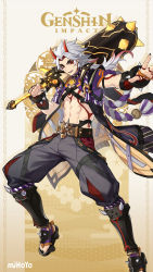 Rule 34 | 1boy, abs, arataki itto, black nails, club (weapon), commentary, english commentary, genshin impact, highres, holding, holding club, holding weapon, horns, japanese clothes, long hair, male focus, multicolored hair, nail polish, official art, open mouth, parted bangs, red eyes, red hair, solo, spikes, weapon
