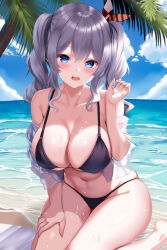 Rule 34 | 1girl, :d, absurdres, beach, bikini, black bikini, blue eyes, blue sky, breasts, cleavage, collarbone, commentary request, day, grey hair, hair ribbon, hand on own thigh, hand up, highres, himura moritaka, kantai collection, kashima (kancolle), large breasts, long hair, looking at viewer, navel, ocean, off shoulder, open clothes, open mouth, open shirt, outdoors, palm tree, ribbon, shirt, sitting, sky, smile, solo, swimsuit, tree, twintails, wariza, wet, wet clothes, wet shirt, white shirt