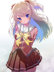 Rule 34 | 1girl, akayama yukihe, arms behind back, blue eyes, blush, bow, brown skirt, charlotte (anime), commentary, cowboy shot, eyes visible through hair, floating hair, grey hair, hair between eyes, head tilt, highres, hoshinoumi academy school uniform, long hair, long sleeves, looking at viewer, miniskirt, open mouth, pleated skirt, red shirt, sailor collar, school uniform, shirt, sidelocks, simple background, skirt, solo, standing, tomori nao, two side up, white background, white sailor collar, yellow bow