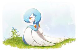 Rule 34 | 1girl, alternate color, blue background, blue flower, blue hair, blue skin, blue sky, blush, bob cut, closed mouth, colored skin, creatures (company), day, female focus, flat chest, flower, from side, full body, game freak, gardevoir, gen 3 pokemon, grass, half-closed eyes, hands on own knees, happy, looking down, lotosu, multicolored skin, nintendo, orange eyes, outdoors, own hands together, pokemon, pokemon (creature), profile, shiny pokemon, short hair, simple background, sky, smile, solo, squatting, two-tone skin, white skin