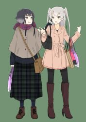 Rule 34 | 10s, 2girls, alternate costume, amatsukaze (kancolle), bag, black eyes, black hair, blonde hair, boots, brown eyes, brown footwear, buttons, casual, cellphone, checkered clothes, checkered skirt, coat, green background, grey hair, hamuzora, handbag, high heel boots, high heels, holding, holding bag, holding phone, kantai collection, knee boots, long hair, long skirt, looking to the side, multicolored hair, multiple girls, open mouth, pantyhose, phone, scarf, shoes, short hair, short hair with long locks, skirt, smile, sweater, tokitsukaze (kancolle), trench coat, two side up, unmoving pattern