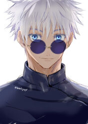 Rule 34 | 1boy, blue eyes, closed mouth, colored eyelashes, commentary request, gojou satoru, high collar, jujutsu kaisen, looking at viewer, male focus, nori20170709, portrait, round eyewear, short hair, simple background, solo, sunglasses, twitter username, white background, white hair