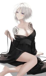 Rule 34 | 1girl, absurdres, bare legs, bare shoulders, black kimono, black sash, blue eyes, blush, breasts, cleavage, closed mouth, collarbone, commentary request, eonyan (chaeyang), faust (project moon), highres, japanese clothes, kimono, large breasts, limbus company, long sleeves, looking at viewer, obi, off shoulder, project moon, sash, short hair, shoulder tattoo, solo, tattoo, white background, white hair