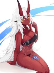Rule 34 | 1girl, 3:, :3, :d, = =, absurdres, akumi (yoclesh), arm support, between thighs, black nails, black one-piece swimsuit, blush, breasts, casual one-piece swimsuit, claws, cleavage, clenched hand, closed mouth, colored skin, covered navel, demon girl, double vertical stripe, facial scar, feet out of frame, fingernails, flipped hair, from side, gradient horns, gris swimsuit, groin, hair between eyes, hand up, highleg, highleg swimsuit, highres, horns, invisible chair, long fingernails, long hair, looking at viewer, medium breasts, meme attire, multicolored horns, nail polish, narrow waist, navel, ohisashiburi (style), one-piece swimsuit, oni, oni horns, open mouth, playing with own hair, pointy ears, red horns, red oni, red skin, scar, scar on arm, scar on cheek, scar on chest, scar on face, scar on leg, scar on stomach, second-party source, see-through swimsuit, shadow, sideboob, sidelocks, signature, simple background, sitting, size difference, smile, solo, strapless, strapless one-piece swimsuit, swimsuit, thigh grab, thighs, underboob, very long hair, virtual youtuber, vyugen, wet, wet hair, white background, white hair, yellow eyes, yoclesh