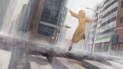 Rule 34 | 1girl, brown footwear, building, city, commentary, crosswalk, dutch angle, english commentary, from behind, hood, hood up, lamppost, long sleeves, original, others (gogo-o), outdoors, outstretched arms, rain, solo, traffic light, yellow raincoat
