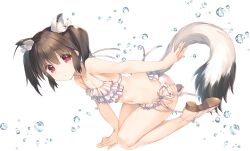 Rule 34 | 1girl, animal ears, bikini, brown hair, dog ears, dog tail, flat chest, frilled bikini, frills, full body, highres, looking at viewer, navel, non-web source, official art, photoshop (medium), red eyes, sandals, short hair, side-tie bikini bottom, simple background, solo, swimsuit, tail, to heart (series), to heart 2, twintails, water drop, white background, white bikini, yuzuhara konomi