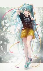 Rule 34 | 1girl, absurdres, black shirt, blue hair, blush, closed mouth, collarbone, dappled sunlight, full body, green eyes, hair between eyes, hair ribbon, hatsune miku, head tilt, highres, letterboxed, long hair, looking at viewer, peropicnic, pink ribbon, print shirt, red ribbon, ribbon, shirt, shoes, short shorts, short sleeves, shorts, smile, sneakers, solo, standing, sunlight, t-shirt, twintails, very long hair, vocaloid, yellow shorts