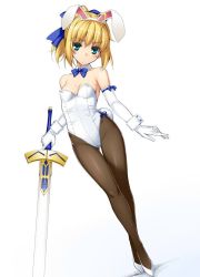 Rule 34 | 1girl, alternate costume, animal ears, artoria pendragon (all), artoria pendragon (fate), bare shoulders, blue bow, blue bowtie, bow, bowtie, breasts, brown pantyhose, closed mouth, detached collar, elbow gloves, excalibur (fate/stay night), fake animal ears, fate/stay night, fate (series), gloves, hair bow, hairband, highleg, highleg leotard, holding, holding sword, holding weapon, leotard, looking at viewer, medium hair, namonashi, pantyhose, playboy bunny, ponytail, rabbit ears, saber (fate), side-tie leotard, simple background, small breasts, solo, strapless, strapless leotard, sword, weapon, white background, white gloves, white leotard, wrist cuffs