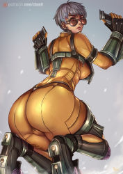 Rule 34 | 1girl, apex legends, ass, ass focus, aviator sunglasses, bodysuit, breasts, brown-tinted eyewear, brown eyes, commentary, english commentary, from behind, gloves, grey hair, kachima, looking back, looking over eyewear, medium breasts, armored boots, short hair, solo, sunglasses, tinted eyewear, valkyrie (apex legends), watermark, web address, yellow bodysuit