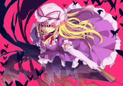 Rule 34 | 1girl, blonde hair, breasts, bug, butterfly, dress, elbow gloves, female focus, folding fan, gloves, glowing, hand fan, insect, long hair, purple eyes, shion (mamuring), shionty, simple background, smile, solo, touhou, white gloves, yakumo yukari