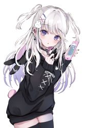 Rule 34 | 1girl, :o, bad id, bad pixiv id, black hoodie, black nails, black thighhighs, blush, cellphone, commentary request, ear piercing, earrings, fake tail, hair ornament, hands up, heart, heart earrings, highres, holding, holding phone, hood, hood down, hoodie, jewelry, long hair, long sleeves, nail polish, original, parted lips, phone, piercing, puffy long sleeves, puffy sleeves, purple eyes, rabbit hair ornament, rabbit tail, ring, sakura mochiko, simple background, sleeves past wrists, solo, tail, thighhighs, two side up, very long hair, white background, white hair, x hair ornament