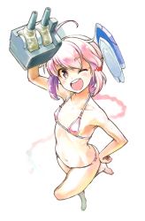 Rule 34 | 10s, 1girl, bikini, blush, chikuwa (tks), flat chest, from above, hand on own hip, kantai collection, looking at viewer, looking up, nenohi (kancolle), one eye closed, open mouth, pink hair, short hair, simple background, smile, solo, swimsuit, white background