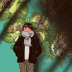 Rule 34 | 1girl, black hair, black jacket, brown eyes, brown pants, covered mouth, cowboy shot, dated, grey scarf, highres, jacket, looking at viewer, original, pants, print pants, procreate (medium), scarf, short hair, signature, solo, sweater, tomidoron, upper body, white sweater