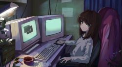 Rule 34 | 1girl, black hair, blouse, blue eyes, chair, computer, crt, cup, desk, desk lamp, female focus, floppy disk, from side, grey shirt, hair intakes, highres, keyboard, kgt (pixiv12957613), lamp, long hair, looking at viewer, monitor, mouse (computer), mousepad, office chair, original, plant, potted plant, shirt, solo, swivel chair, tea, teacup