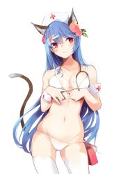 Rule 34 | 1girl, alternate headwear, animal ear fluff, animal ears, armband, bad id, bad twitter id, bag, bandages, bare arms, bare shoulders, blue hair, blush, bra, breasts, cat ears, cat tail, collarbone, commentary request, cross, food, fruit, groin, hair between eyes, hair ornament, hairclip, hat, head tilt, highres, hinanawi tenshi, kemonomimi mode, leaf, long hair, looking at viewer, medium breasts, navel, nurse cap, panties, peach, red cross, red eyes, simple background, solo, stethoscope, stomach, tail, tetsurou (fe+), thighhighs, thighs, touhou, underwear, underwear only, very long hair, white background, white bra, white panties, white thighhighs, wrist cuffs
