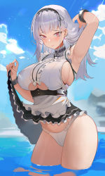 Rule 34 | 1girl, absurdres, apron, arm up, armpits, azur lane, black skirt, blush, breasts, closed mouth, clothes lift, cowboy shot, dido (azur lane), earrings, hair ornament, highres, in water, jewelry, large breasts, long hair, looking at viewer, outdoors, panties, pink eyes, silver hair, skirt, skirt lift, solo, thighs, underwear, wading, water, white apron, white panties, yoyo (550098)