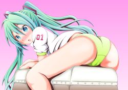 Rule 34 | 1girl, ass, blush, female focus, hatsune miku, long hair, looking at viewer, open mouth, panties, simple background, solo, tad s, twintails, underwear, very long hair, vocaloid, yellow panties
