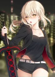 Rule 34 | 1girl, :o, artoria pendragon (all), artoria pendragon (fate), belt, black jacket, black shirt, black shorts, blonde hair, blurry, blush, breasts, cleavage, collarbone, commentary request, cowboy shot, depth of field, excalibur morgan (fate), fate/grand order, fate (series), floating hair, hair between eyes, highres, holding, holding sword, holding weapon, jacket, long hair, long sleeves, looking at viewer, medium breasts, navy (navy.blue), official alternate costume, open clothes, open jacket, open mouth, saber alter, saber alter (ver. shinjuku 1999) (fate), shirt, short shorts, shorts, sidelocks, sleeves past wrists, solo, sword, weapon, yellow eyes
