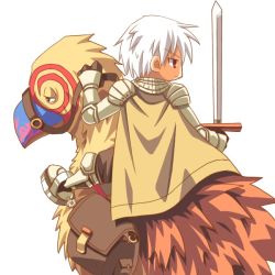 Rule 34 | 1boy, animal, armor, armored boots, bag, bird, boots, brown cape, brown eyes, brown pants, cape, chainmail, closed mouth, commentary request, from behind, full body, gauntlets, holding, holding sword, holding weapon, knight (ragnarok online), looking afar, looking to the side, oversized animal, pants, pauldrons, peco peco, ragnarok online, reins, riding, riding bird, saddle, sakakura (sariri), short hair, shoulder armor, simple background, spurs, sword, weapon, white background, white hair