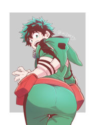 Rule 34 | 1boy, ass, bad id, bad pixiv id, belt, bodysuit, boku no hero academia, commentary request, cowboy shot, elbow gloves, freckles, from behind, gloves, green bodysuit, green eyes, green hair, grey background, hood, hooded bodysuit, leaning forward, looking back, male focus, midoriya izuku, open mouth, red belt, short hair, solo, tonomayo, white background, white gloves