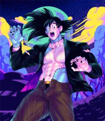 Rule 34 | 1boy, abs, bara, bare pectorals, black hair, black jacket, black nails, black pants, carless (ppanic), colored skin, cosplay, dragon ball, dragonball z, frankenstein&#039;s monster, frankenstein&#039;s monster (cosplay), grey skin, halloween costume, highres, jacket, large pectorals, looking at another, male focus, male underwear, male underwear peek, muscular, muscular male, nail polish, navel, open clothes, open jacket, open mouth, open pants, pants, pectorals, short hair, solo, son goku, spiked hair, stitches, underwear