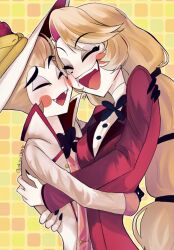 Rule 34 | 1boy, 1girl, blonde hair, charlie morningstar, cheek-to-cheek, closed eyes, father and daughter, formal, hat, hazbin hotel, heads together, height difference, highres, hug, long hair, lucifer morningstar (hazbin hotel), pale skin, ponytail, short hair, smile, suit, yakitori0141490
