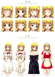 Rule 34 | 00s, 1girl, absurdres, angry, apron, bare shoulders, black dress, black gloves, blonde hair, blue eyes, blush, braid, breasts, character sheet, choker, cleavage, cleavage cutout, clothing cutout, costume chart, dress, elbow gloves, expressions, closed eyes, glasses, gloves, happoubi jin, headdress, highres, large breasts, long hair, maid, maid apron, maid headdress, multiple views, open mouth, resort boin, ribbon, smile, tsukushino mitsugu, white dress, wrist cuffs