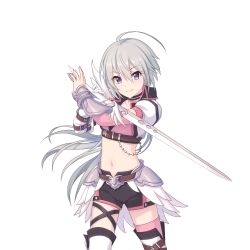 Rule 34 | black choker, blue eyes, boots, choker, cowboy shot, crop top, detached sleeves, gloves, grey hair, hair between eyes, holding, holding sword, holding weapon, long hair, looking ahead, looking at viewer, midriff, navel, official art, princess connect!, purple eyes, short shorts, shorts, single glove, standing, sword, tachi-e, thigh boots, tomo (princess connect!), transparent background, vambraces, weapon, white gloves