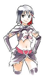 Rule 34 | 1girl, alternate costume, arm warmers, black eyes, black gloves, black hair, black shirt, black skirt, black thighhighs, cosplay, crossover, cure black, cure black (cosplay), detached sleeves, drawfag, futari wa precure, gloves, happy, heart, kill la kill, matoi ryuuko, midriff, miniskirt, multicolored hair, navel, non-web source, precure, red hair, ribbon, shirt, short hair, simple background, sketch, skirt, smile, solo, streaked hair, thighhighs, two-tone hair, white background