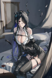 Rule 34 | 1girl, absurdres, adapted costume, asymmetrical horns, bare shoulders, black hair, blue hair, blush, breasts, c a p h, cleavage, colored inner hair, demon horns, fur trim, gloves, hair ornament, hair over one eye, highres, hololive, hololive english, horns, large breasts, long hair, looking at viewer, mole, mole under eye, multicolored hair, nerissa ravencroft, nerissa ravencroft (1st costume), official alternate hairstyle, partially unbuttoned, red eyes, smile, solo, two-tone hair, uneven horns, very long hair, virtual youtuber