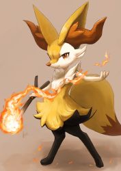 Rule 34 | 1girl, animal ear fluff, animal ears, animal hands, animal nose, artist name, black fur, blush, body fur, braixen, brown background, closed mouth, creatures (company), fang, fang out, female focus, fire, flat chest, fox ears, fox girl, fox tail, full body, furry, furry female, game freak, gen 6 pokemon, hand up, happy, highres, holding, holding stick, ikei, light blush, looking at viewer, nintendo, pokemon, pokemon (creature), pyrokinesis, red eyes, signature, simple background, skin fang, smile, snout, solo, standing, stick, tail, white fur, yellow fur
