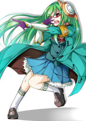 Rule 34 | 1girl, adjusting eyewear, armband, athena (p&amp;d), bad id, bad pixiv id, blue skirt, glasses, gloves, green hair, hair ornament, leg up, loafers, long coat, long hair, long sleeves, open mouth, pleated skirt, pointing, purple gloves, puzzle &amp; dragons, red-framed eyewear, red eyes, school uniform, shoes, skirt, solo, vambraces, very long hair, zuo wei er