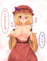 Rule 34 | 1girl, aki minoriko, bad id, bad pixiv id, blonde hair, blush, breasts, brown dress, covering privates, covering breasts, denpaken pochi, dress, female focus, food, fruit, grapes, hat, large breasts, midriff, off shoulder, open clothes, open dress, open mouth, pochi (potihouse), red eyes, solo, touhou, translation request