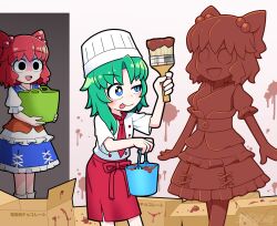 Rule 34 | 2girls, :p, alternate costume, asymmetrical hair, blank eyes, blue eyes, blush, box, brown sash, bucket, chef hat, chocolate, commentary request, green hair, hair bobbles, hair ornament, hat, highres, holding, holding brush, holding bucket, medium hair, multiple girls, obi, obidome, onozuka komachi, open mouth, puffy short sleeves, puffy sleeves, red hair, red skirt, sash, sculpture, shiki eiki, shirt, short sleeves, skirt, solidus (sword cube), tongue, tongue out, touhou, translation request, two side up, white shirt
