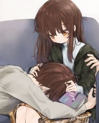 Rule 34 | 1boy, 1girl, blush, book, borrowed character, brother and sister, brown eyes, brown hair, couch, dakimakura (ofin), highres, honjou ruri, jacket, lap pillow, looking at another, open clothes, open jacket, original, siblings, sitting, skirt, sweater, turtleneck, turtleneck sweater