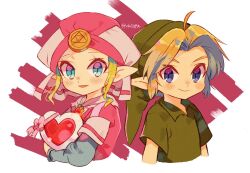 Rule 34 | 1boy, 1girl, :d, ahoge, artist name, blonde hair, blue eyes, blush, closed mouth, collared shirt, commentary request, dress, eyelashes, green headwear, green shirt, hat, heart, highres, layered sleeves, link, long sleeves, looking at viewer, nintendo, open mouth, parted bangs, pink background, pink shirt, pointy ears, princess zelda, shirt, short hair, short over long sleeves, short sleeves, sidelocks, simple background, smile, the legend of zelda, the legend of zelda: ocarina of time, tokuura, triforce, twitter username, upper body, v-shaped eyebrows, white background, white headwear, young link, young zelda